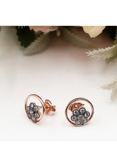 Yuvarlak Halka İçinde Elmas Montürlü Papatya Set Rose Gold - Gümüş