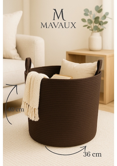 Mavaux El İşçiliği Dokulu Büyük Boy Sepet 40 X 36 Cm Dekoratif Ev Düzeni, Oyuncak Ve Çamaşır Organizer Kahverengi