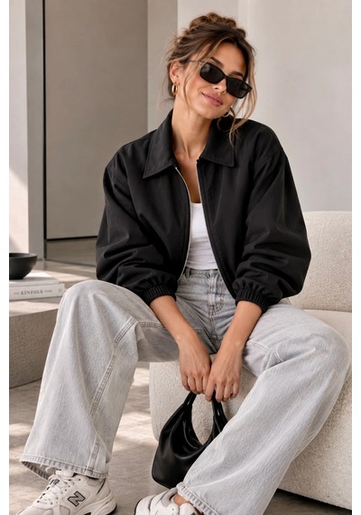 Bb Butik Basic Mevsimlik Fermuarlı Bomber Ceket Oversize Rahat Kalıp Fs3434 Siyah