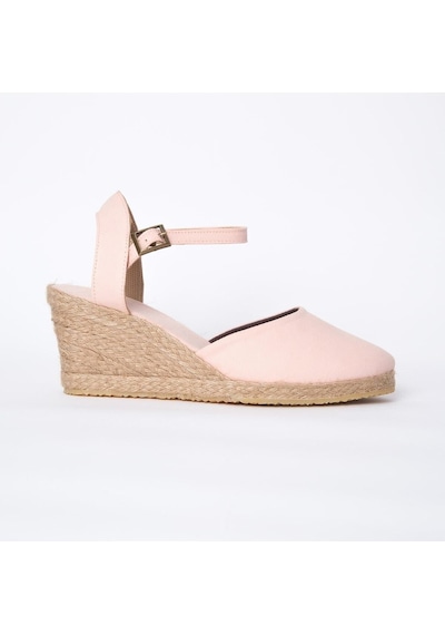 Star Tombis Gerçek Elişi Topuğu Açık Bilekten Bantlı Dolgu Topuk Pembe Keten Hasır Espadril Handmade Pembe