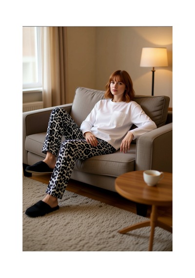 Ersefa Kadın Uzun Kollu Bisiklet Yaka Leopar Desenli Pijama Takımı Fonks Beyaz