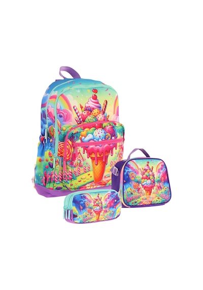 Kaukko Kids Dört Bölmeli Okul Çantası + Beslenme +kalemlik Seti Dondurma - Kız Çocuk - Kırmızı Mavi Kırmızı - Mavi