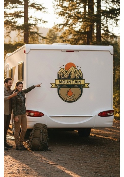 Karavan Dağ Baskı Sticker - Güneş Ve Dağ Sticker - Kuş Sticker - Ateş Sticker - 104x100 Cm