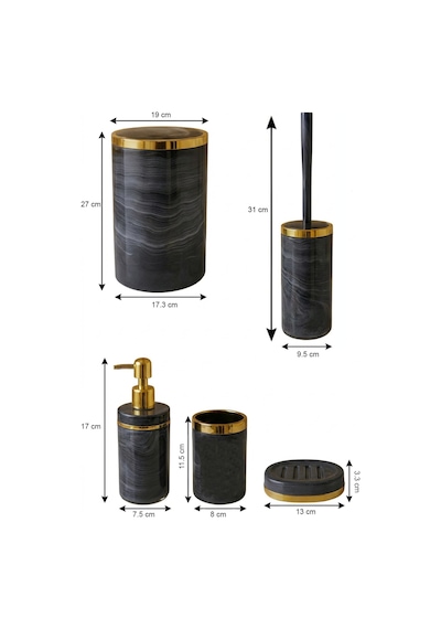 Makri Home Banyo Seti 5'li,akrilik-çöpkovası,wc Fırçalık,sıvı Sabunluk,diş Fırçalık,el Sabunluk,gold Renk Detay Gri