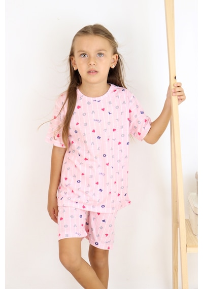 Kız Çocuk Pamuklu Penye Kumaş Şortlu Pijama Takımı Beyaz - Pembe