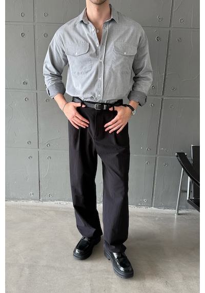 Erkek Baggy Fit Gabardin Kumaş Pantolon Siyah