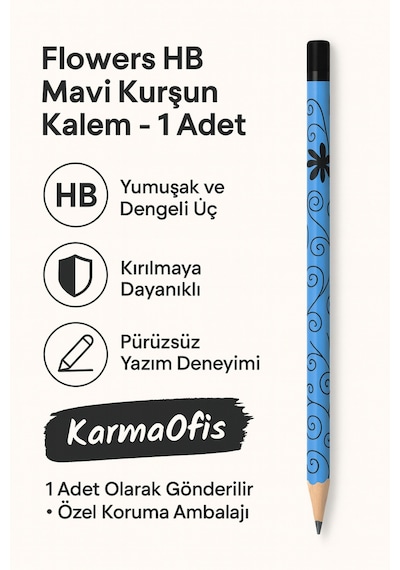 Flowers Hb Mavi Kurşun Kalem 1 Adet Çiçek Desenli Hb Uç Mavi