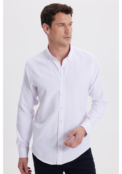 Tudors Erkek Slim Fit Dar Kesim Düz Oxford Armalı Yaka Düğmeli Beyaz Spor Gömlek-42018 Beyaz