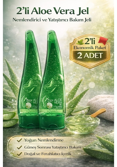 Aloe Vera Jel Nemlendirici Ve Yatıştırıcı Bakım Jeli Yüz Ve Vücut İçin Doğal Aloe Özlü Cilt Bakım Ürünü 2li Avantaj Paket