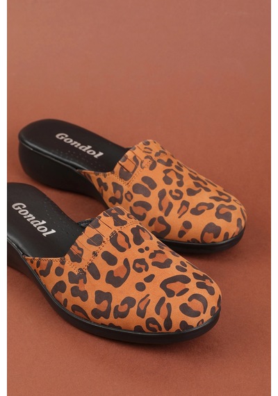 Gondol Kadın İçi Dışı Hakiki Deri Şık Ev Terliği Özl.960 Taba Leopar