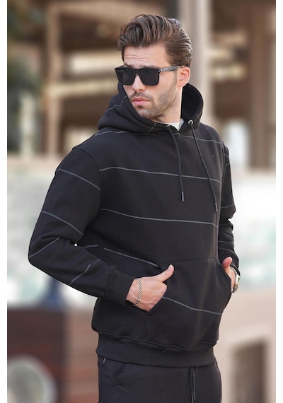 Madmext Siyah Kapüşonlu Cep Detaylı Çizgili Erkek Sweatshirt 7063 Siyah