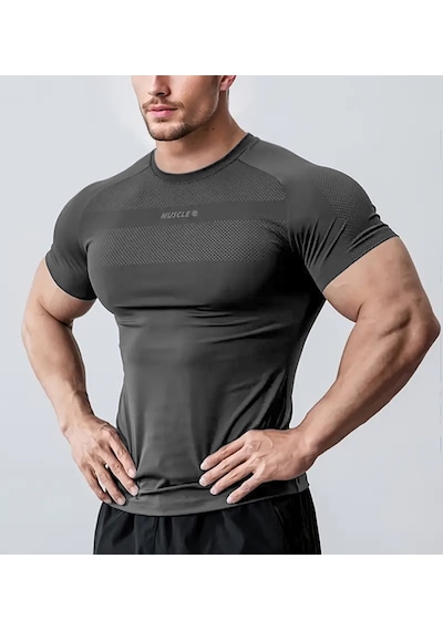 Ghassy Co. Erkek Nem Emici Hızlı Kuruyan Renk Solmayan Atletik Teknik Fitness Spor T-shirt Füme
