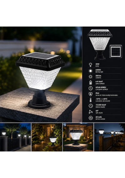Güneş Enerjili 30w Beyaz Işık Solar Set Üstü Bahçe Armatür Ct-7315
