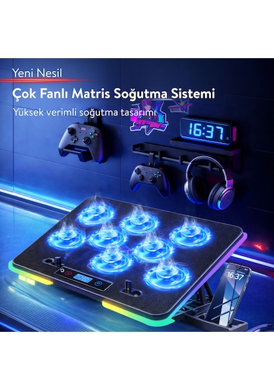 Nitro Rgb Işıklı 8 Fanlı Lcd Göstergeli 2 Usb Girişli Yükselebilen Notebook Soğutucu S23