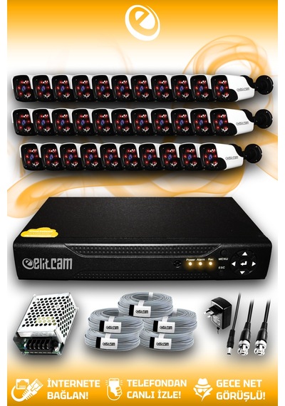 Elitcam 32 Kameralı Panda 32 Dış Kamera Set HDD'siz Full HD Gece Görüşlü Güvenlik Kamerası Sistemi