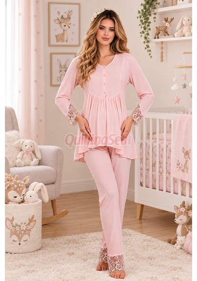 Quilling Lady Bebe Pembe Renkli Dantel Detaylı, 33204 Uzun Kol, 2 Parça Lohusa Hamile Pijama Takımı Açık Pembe M - L