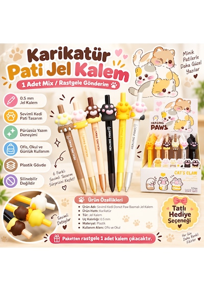 Sevimli Kedi Pati Tasarımlı 0.5 Mm Jel Kalem 1 Adet Mix Rastgele Gönderim Çok Renkli