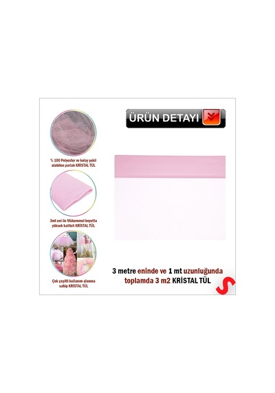 Süsleme Tülü Kristal Tül, 3 Mt En X 1 Mt Uzunluk - Pembe 0-99