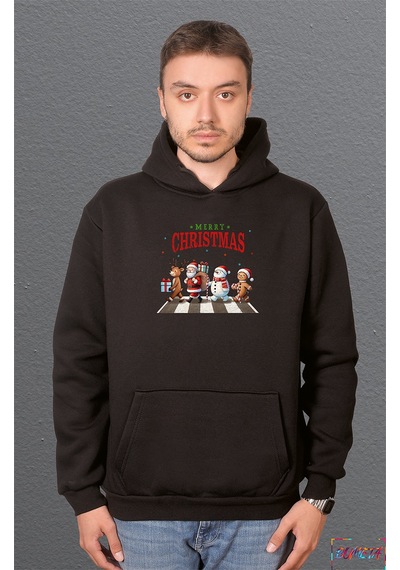 Bumeta Christmas Crossing Santa Geyik Ve Kardan Adam Baskılı Sweatshirt Unisex Kapüşonlu Hoodie Siyah