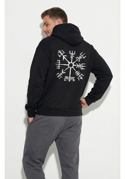 Nevermind Unisex Vegvisir Pusula Baskılı Sevgili Kombini Oversize Hoodie Seti Siyah