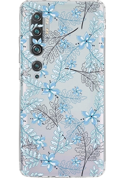 Xiaomi Mi Note 10 Pro Kamera Korumalı Kapak Floral Mavi Tasarımlı Şeffaf Kılıf