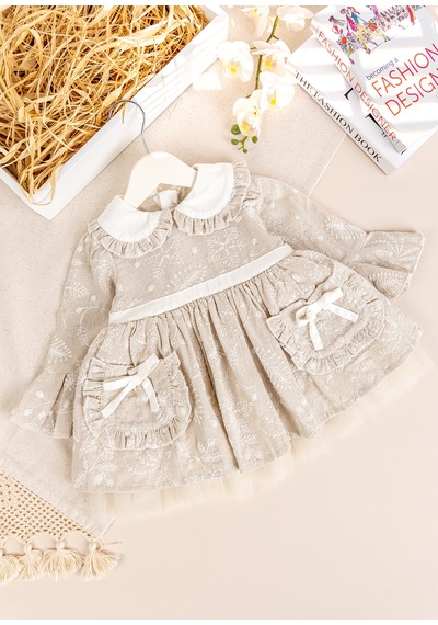 Babymod Bebe Yaka Çep Detaylı Şık Özel Gün Kız Bebek Elbise Bej