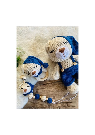 Adenya Sepeti Sepeti Masala Ayıcık Set Lacivert Renk Örgü Amigurumi Oyuncak + Diş Kaşıyıcı + Emzik Askısı
