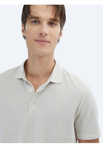 Kip Bej Çizgili Polo Yaka Pamuk Karışımlı T-shirt Bej