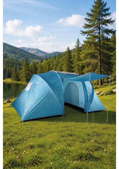 Walke 6 Kişilik Çift Bölmeli Aile Kamp Çadırı Su Geçirmez Polyester 490 X 280 X 200 Mavi