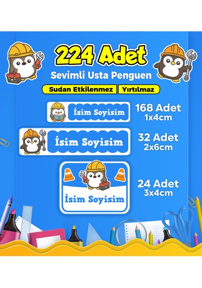 Tamirci Penguen Temalı Okul Kreş Kişiye Özel İsim Etiket Seti - Model 260 Çok Renkli