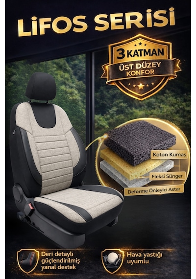 Lifos Hafif Ticari Serisi Koton Kumaş Oto Koltuk Kılıfı Tam Set Berlıngo-caddy-connect-courıer-doblo-dokker-partner Bej