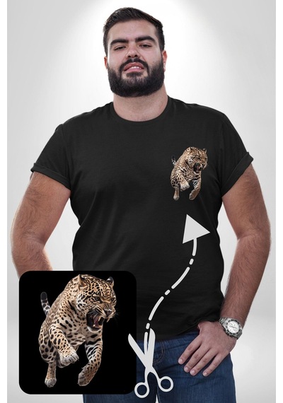 Angemiel Jaguar Sırtından Çıkan Siyah Büyük Beden Kadın Basic Minimal Baskılı Tişört Siyah