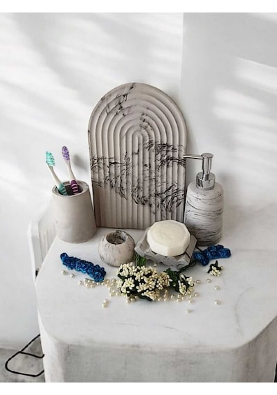 Marble Serisi Antrasit 5 Li Beton Banyo Seti, Sıvı,katı Sabunluk,diş Fırçalık,tepsi,aksesuar,dekor Gri