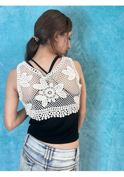 Gönülden Tasarım Triko Nakış İşleme Crop Desenli Ekru Yelek Standart Beden Renkli