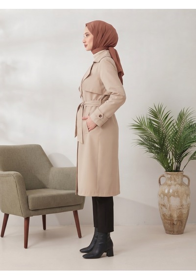 B.he.z Kruvaze Yaka Bondik Su İtici Kumaş Astarlı Trend Model Diz Altı Trençkot Taş