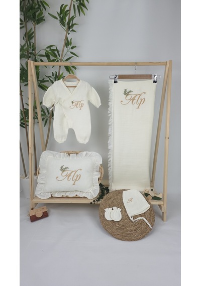 Gros Shop Müslin Yeni Doğan 4katlı Organik %100pamuk Kişiye Özgü Nakışlı Hastane Çıkış Seti-dal Model Ekru