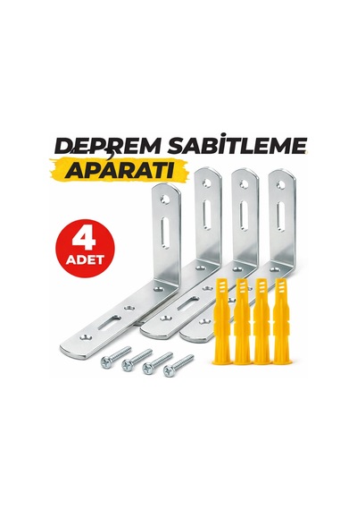 Deprem Sabitleme Aparatı, Metal Mobilya Duvar Sabitleyici, Dolap Devrilme Önleyici, 20x70x120 Mm, 4 Adet, Vida Ve Dübel Dahil Gümüş / Krom