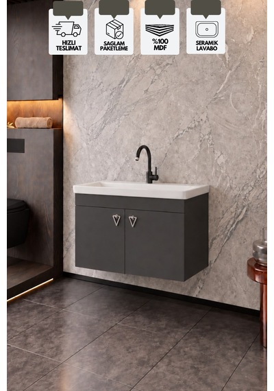 Kemer 80 Cm, Alt Banyo Dolabı, Lavabolu, Antrasit, Kapaklı Banyo Dolabı, Seramik Lavabo Dahil, Mdf