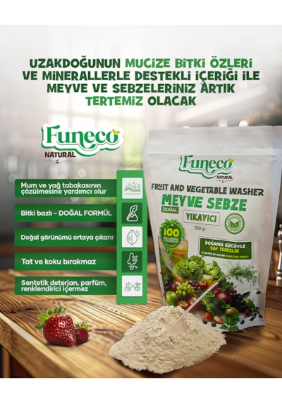 Funeco Natural Meyve & Sebze Yıkayıcı 350g 100 Kullanımlık - Bitki Ve Mineral Bazlı Temizleyici Toz 350 G