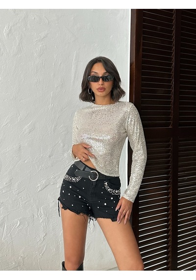 Verymoda Pullu Bluz F1866 Gümüş Taş
