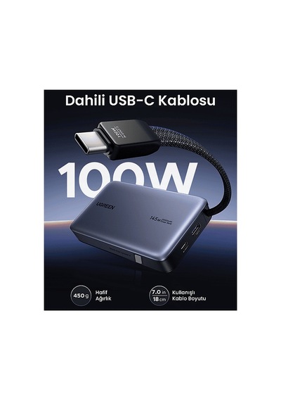 Ugreen Nexode 20.000 Mah 145 W Dahili Usb-c Kablolu Hızlı Taşınabilir Şarj Cihazı Gri