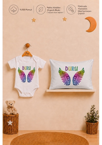 Pia Baby Kız Bebek İsme Özel Hediye Seti %100 Pamuk Body Yastık Kılıfı Ve Ham Bez Bebek Kıyafet Kesesi 2051byk2x Ekru