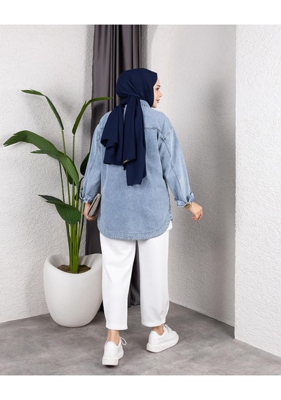 Hb Harma Time Butik Kadın Yıkamalı Cepli Denim Kot Mavi Ceket