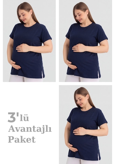 Pamuklu Kısa Kollu Hamile Tişört Lacivert 3'lü Paket Yumuşak ve Rahat Hamile Giyim