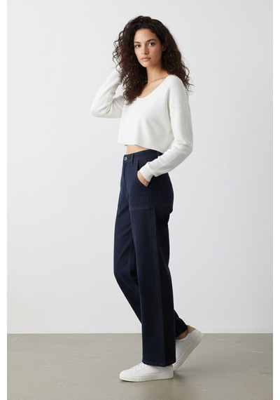 Kene Jeans Kadın Lacivert Ön Yapıştırma Cep Bol Paça Pantolon Lacivert