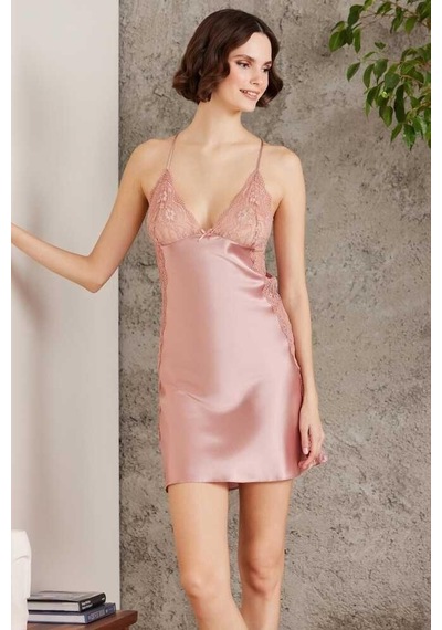 Pierre Cardin Saten Dantelli Gecelik Sabahlık Takım 4438 Brndy 001