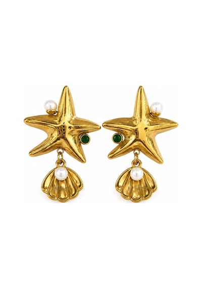Cm Jewelry İnci Detaylı Deniz Yıldızı Ve Deniz Kabuğu Gold Çelik Küpe Altın