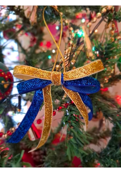 Paşateks 1 Cm Çift Renk Altın/saks Mavisi Simli Noel Fiyonk Askılı Ağaç Süsü