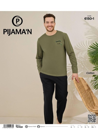Pijamoni Erkek Pamuklu Bisiklet Yaka Uzun Kol İnce Pijama Takımı 6150/1 - 1 Adet Haki
