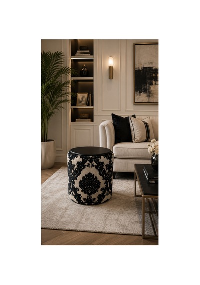 Premium Dokuma Kumaş Puf Sehpa 40x46 Cm Modern Yuvarlak Oturma Pufu Dekoratif Krem Siyah - 878843025 Krem Siyah